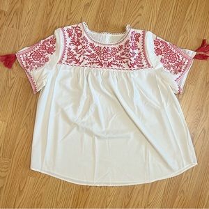 NWT Embroidered tassel top in white and pink